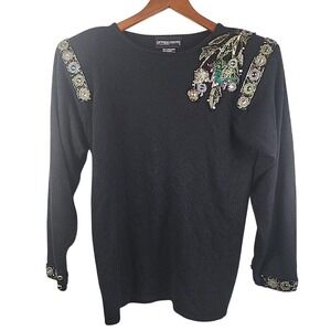 Spree International Vintage Black Beaded Angora Lambswool Sweater Small 80s 90s